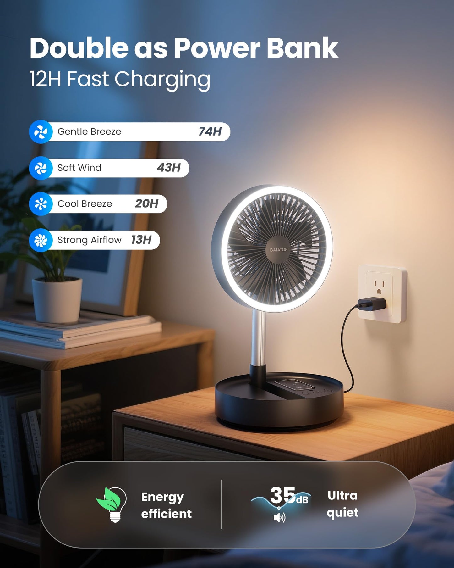 Gaiatop Portable Pedestal Fan 16000mAh Battery [Max 74h Runtime], Foldable Oscillating Standing