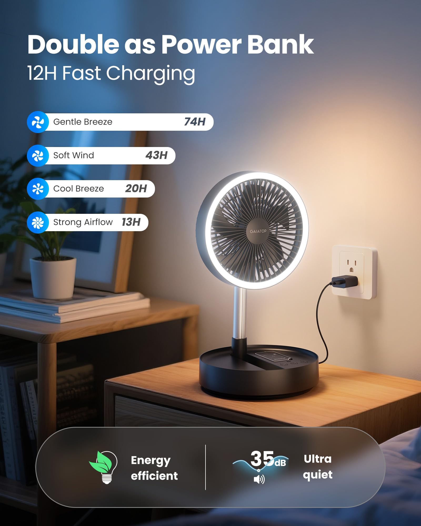 Gaiatop Portable Pedestal Fan 16000mAh Battery [Max 74h Runtime], Foldable Oscillating Standing