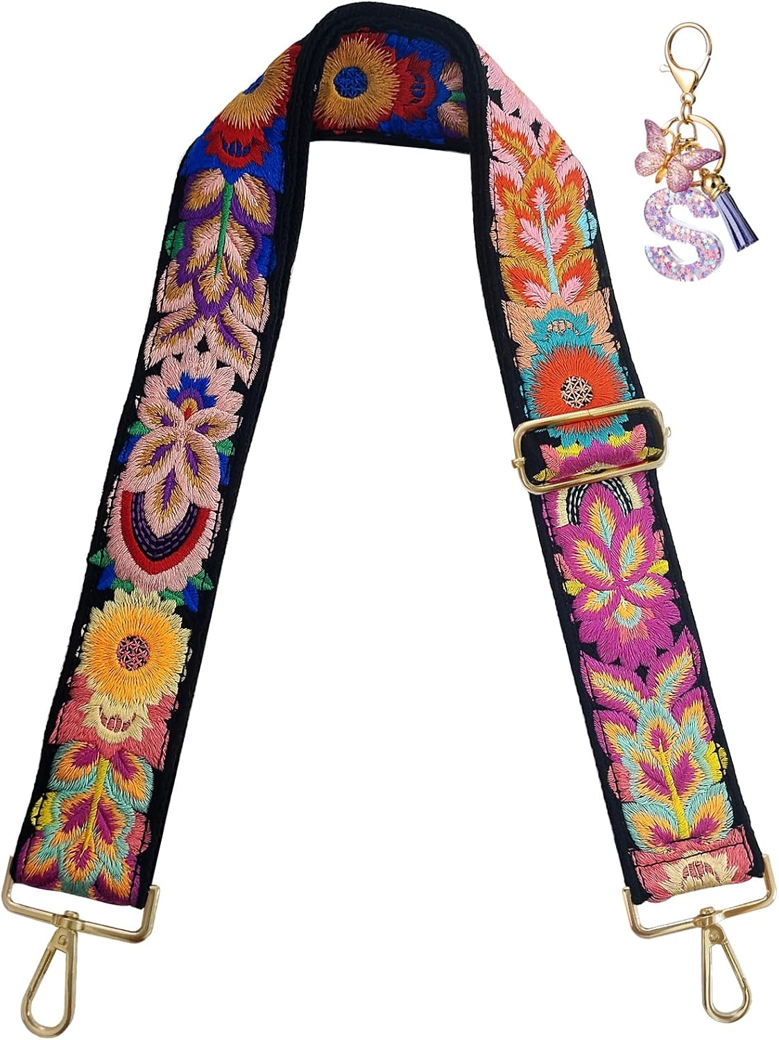 Embroidery Flower Purse Strap Replacement Crossbody 2 Inch Wide with Letter S Keychain for Women's Handbags