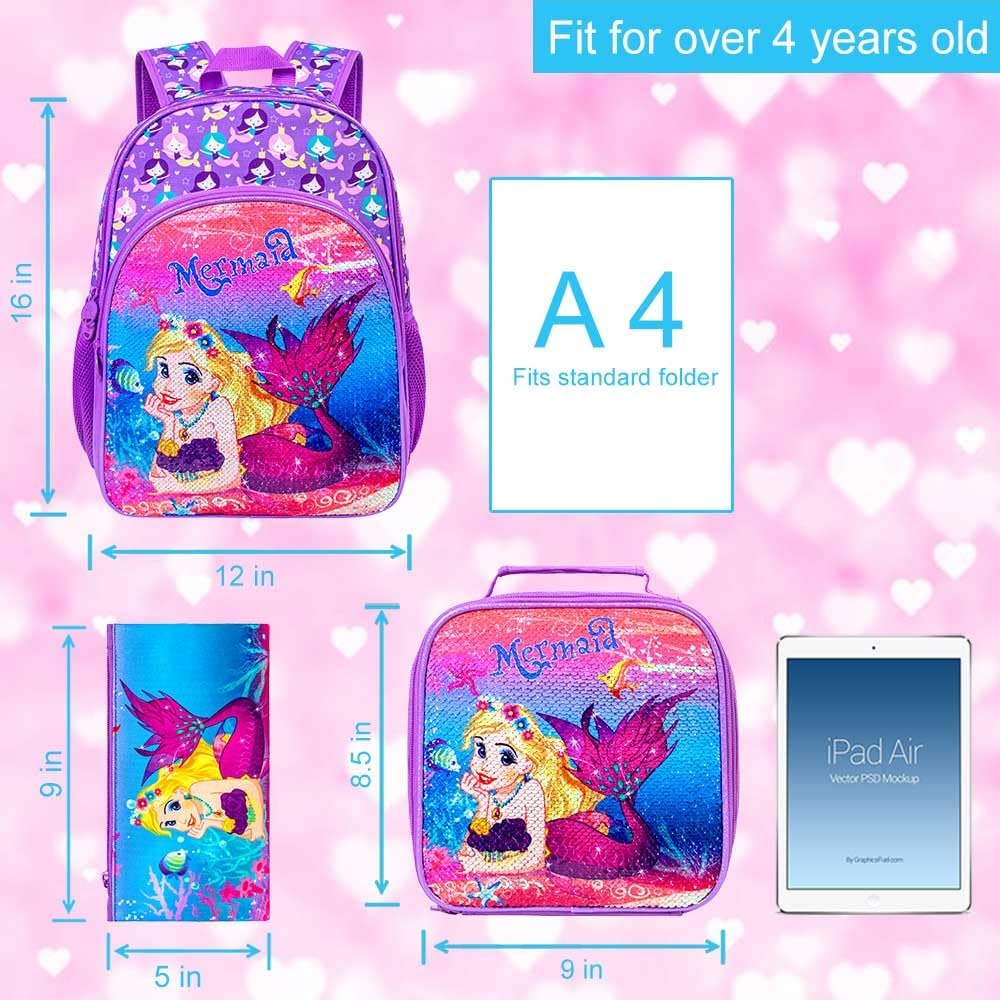 UFNDC 3PCS Backpack for Girls with Lunch Box,16”Kids Sequin Bookbag with Lunch Box, School Bag for Elementary Toddler
