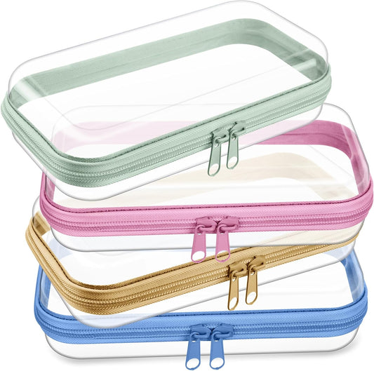 Hoolerry 4 Pcs Hard Clear Zipper Case Makeup Bags Plastic Pencil Pouch Transparent Storage Box Containers for Cosmetics, Snacks, Building Blocks, Puzzles(Soft Colors,7.5 x 3.9 x 2 in)