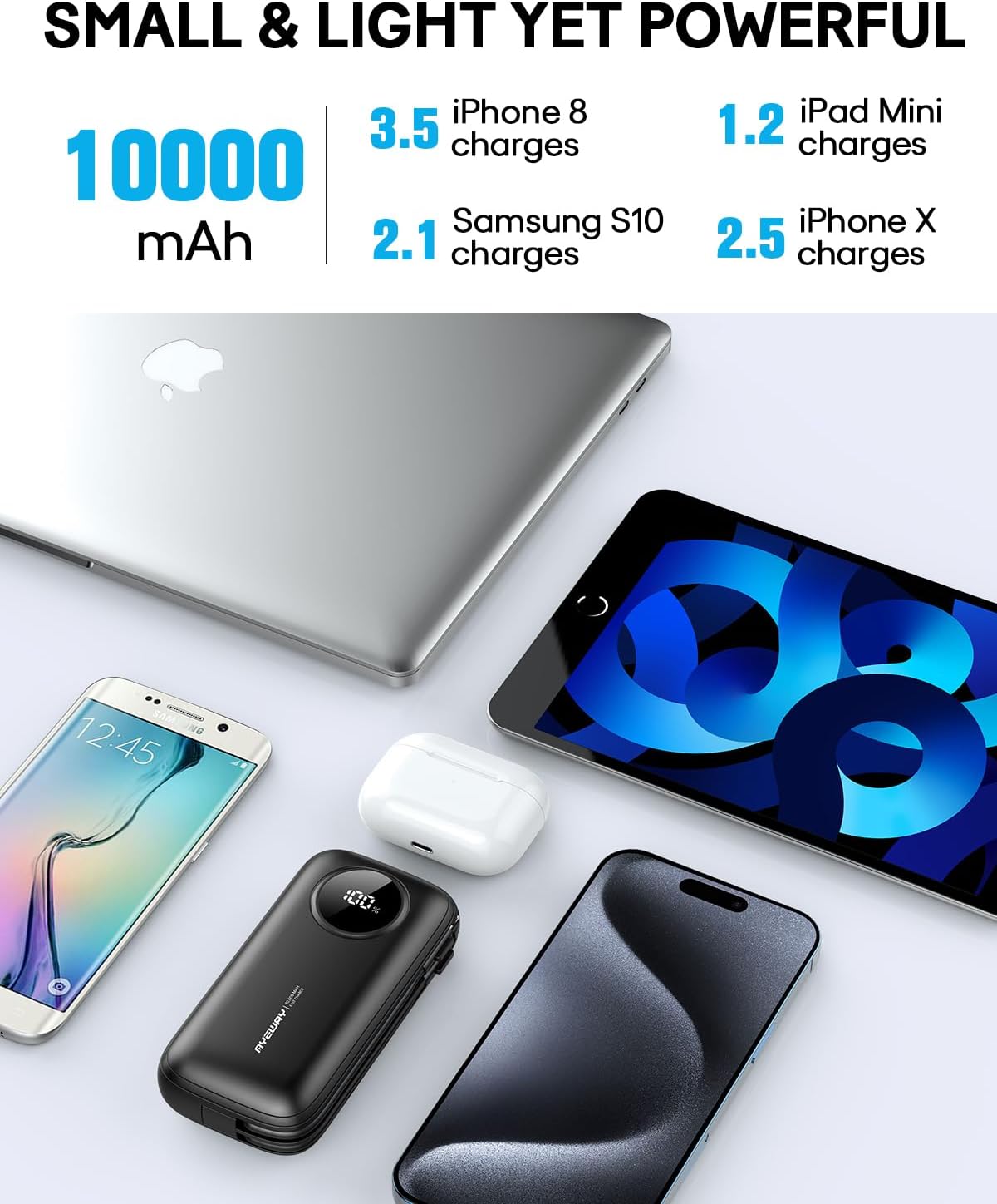 AYEWAY 10,000mAh Mini Portable Charger with Built-in Cable,USB C Fast Charging Power Bank with 4 outputs,External Battery Pack Phone Charger for iPhone,Samsung,Android,5V USB Heated Vest,Heated Jacket