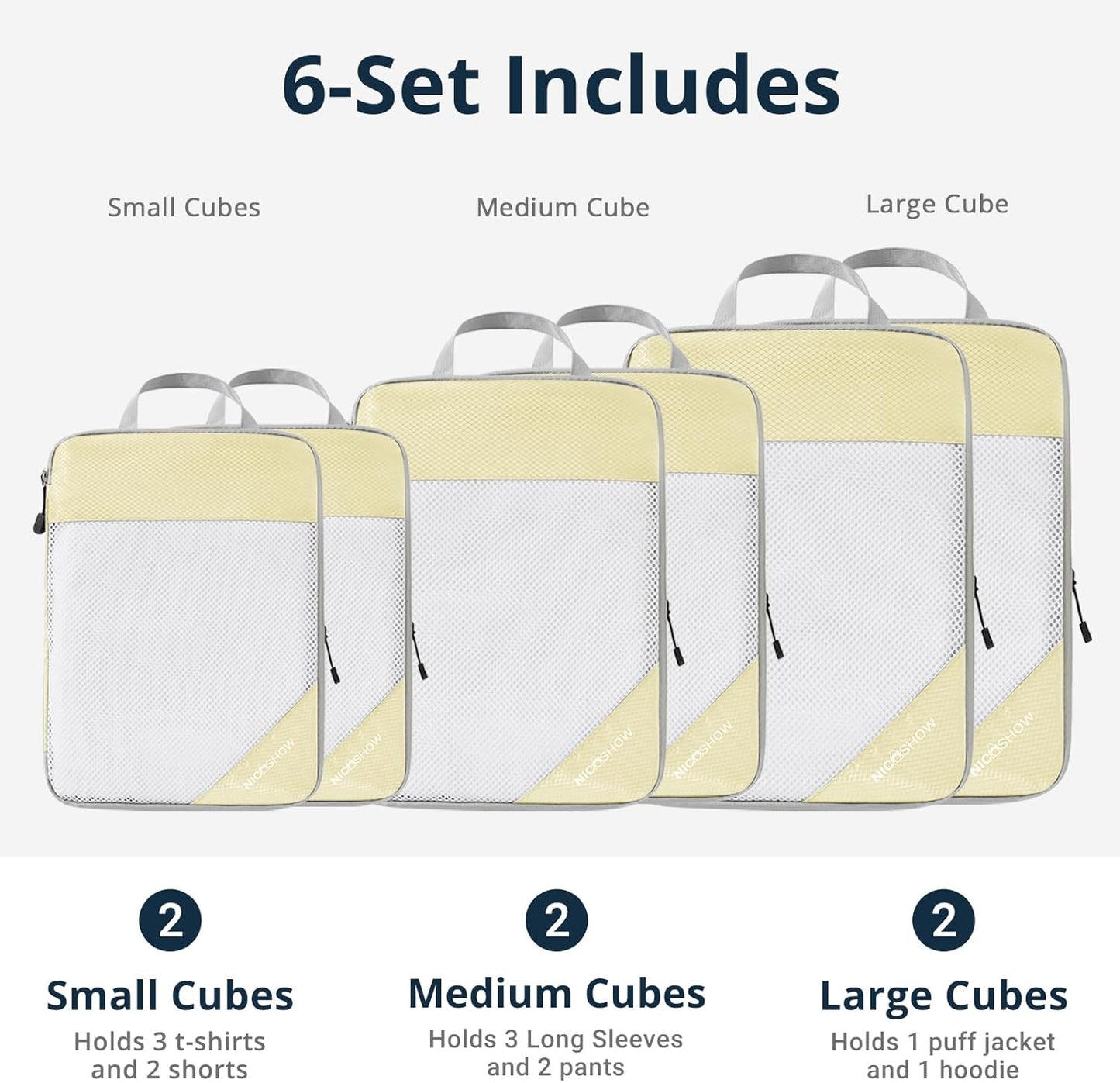 Compression Packing Cubes 6 Set, Compressible Space-Saving Packing Cubes for Travel - Compression Bags, Luggage Organizer, Travel Essentials for Women, Light Yellow