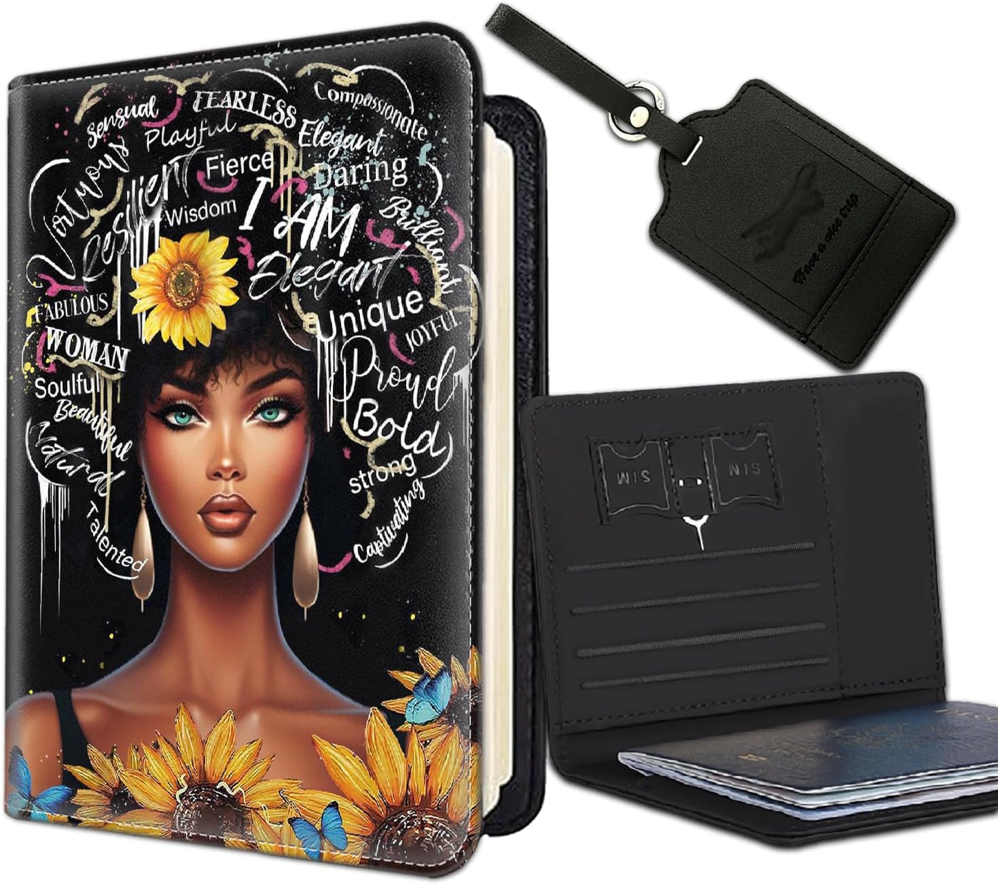 Passport Holder Women Wallet with Luggage Tag, Leather Passport Cover with RFID Blocking, Travel Accessories Multi Card Slot Passport Case for Men，I AM Courageous Black Girl