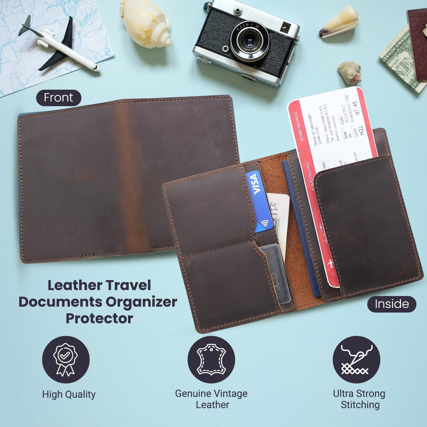 Leather Passport Holder with Travel Wallet, Genuine Leather Passport Cover- Passport Wallet, Leather Folding Wallet for Passports (Straight Cut, Dark Brown)