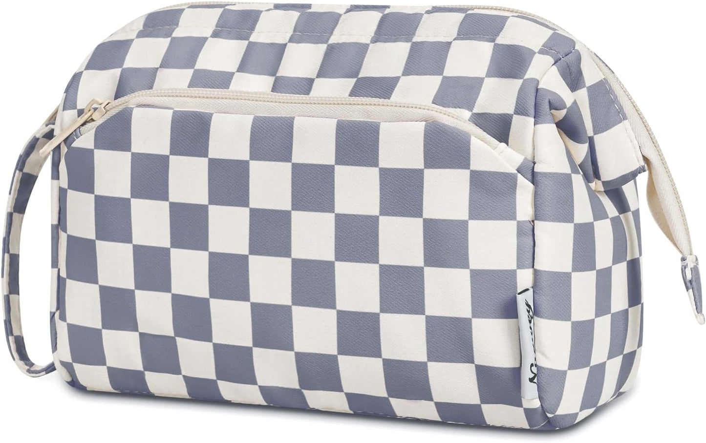 Narwey Checkered Makeup Bag Women Wide-open Make up Bag Travel Cosmetic Bag Organizer Toiletry Bag for Cosmetics Toiletries Accessories (Greyish Blue Checkerboard)