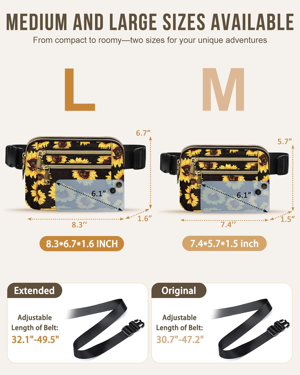 Capolo Fanny Packs for Women Fashion Waist Packs Bag with Adjustable Strap and 4 Zipper Pockets Waterproof Everywhere Crossbody Belt Bag for Workout Running Travelling(Sunflower, Large)