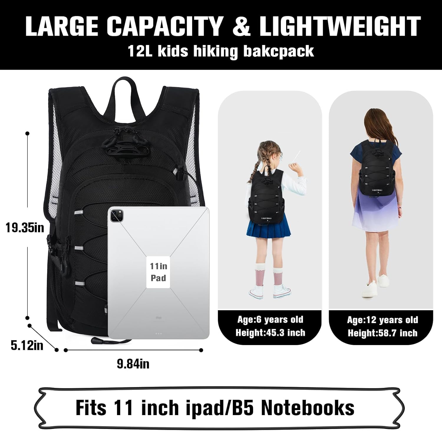 12L Kids Hiking Backpack, Small Hydration Backpack, Waterproof Kids Camping Daypack 5-12, No Water
