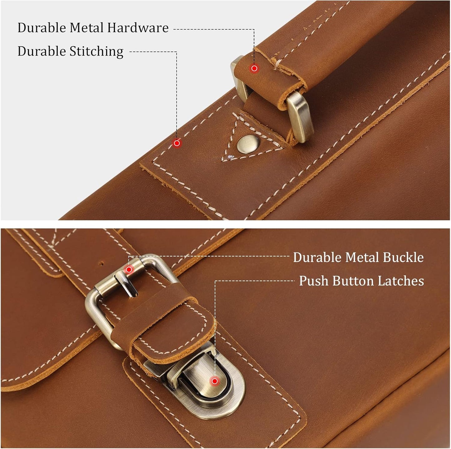 Polare Vintage Full Grain Leather Tote Briefcase Professional 16'' Laptop Shoulder Messenger Bag with YKK Metal Zippers (Light Brown)