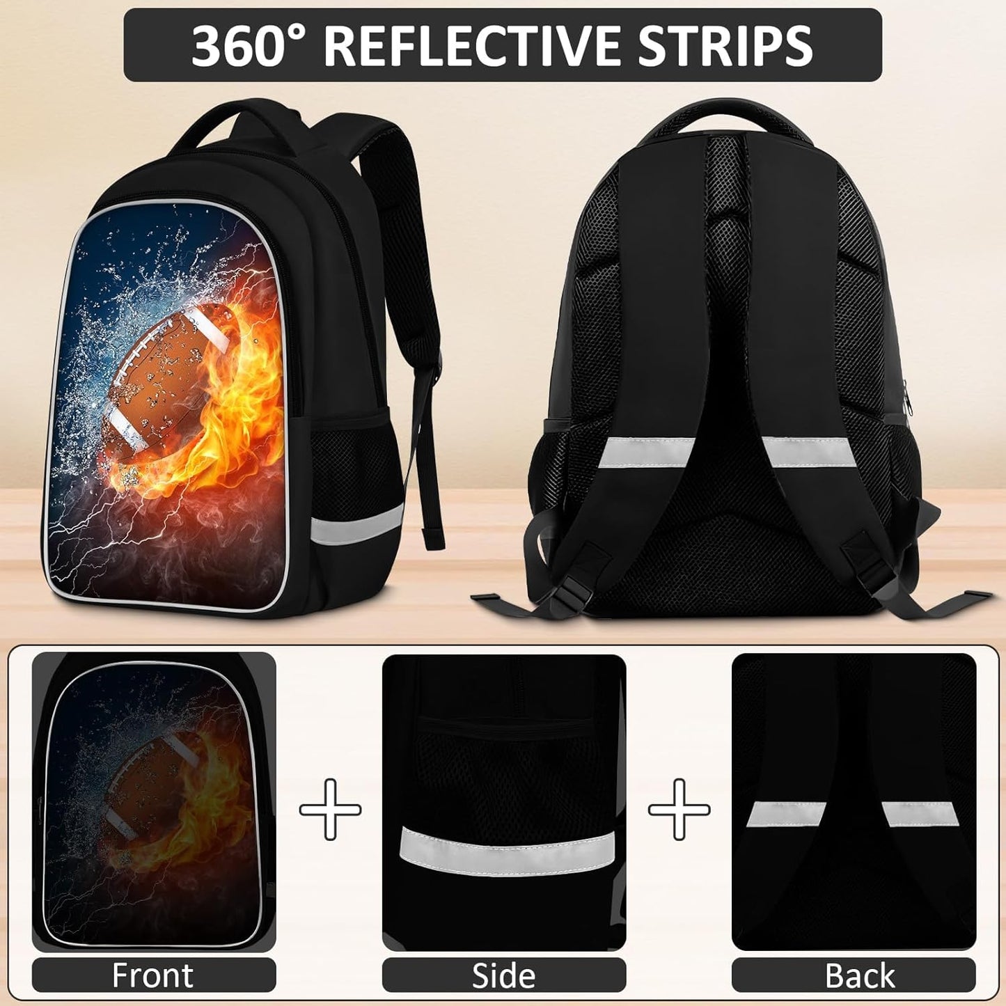 School Backpack for Boys - 4pcs Ameriacn Football Boys Backpack with Lunch Box and Pencil Case for Kids Children Teens Elementary Middle School - Students Bag for Ages 6-18,17″Bookbag Travel Back Pack