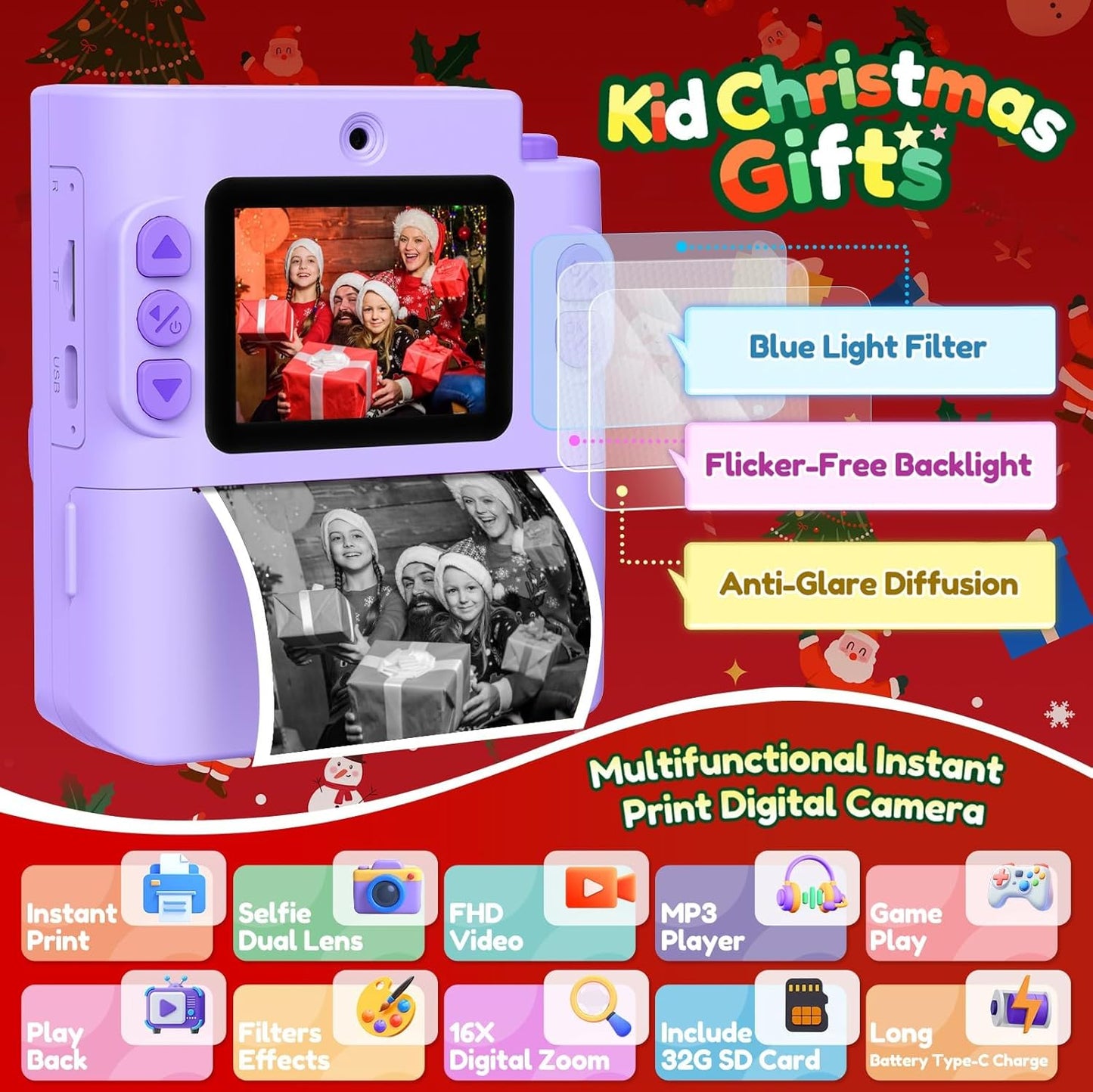 Kids Camera Gift for Girls: Selfie Digital Instant Print Cameras HD Toys for Kids Teen Girls Boys Ages 3 4 5 6 7 8 9 10 12 Birthday Christmas Valentines Easter Gifts with 32G SD Card Purple