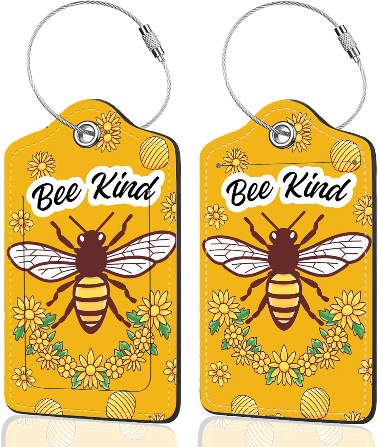 2Pack Luggage Tags for Suitcases, Cute Unique Pu Leather Cruise Luggage Tag with Privacy Cover ID Label Address Card and Metal Ring Suitable for Women Men Kids Travel Bag Bee