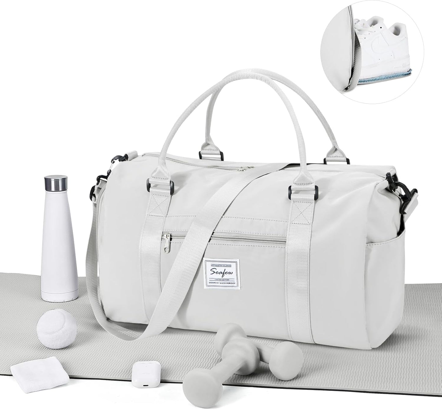 Gym Bag for Women Men with Shoes Compartment,Sports Duffle Bag Personal item travel Duffel Bags Tote Bag Small Carry on Weekender Overnight Bag Workout Dance Bag Hospital Holdalls Grey