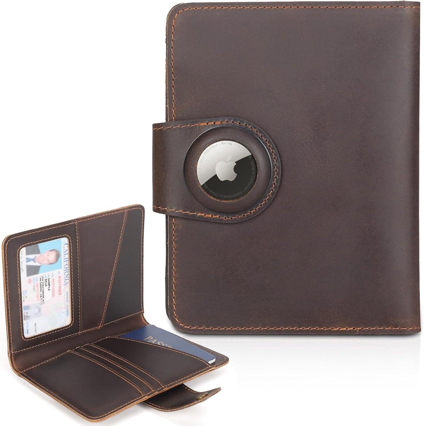 Polare Full Grain Leather Slim and Soft RFID Blocking Wallet for Men Snap Bifold Travel Wallet Passport Holders 2 Passports (Dark Brown with AirTag Slot)