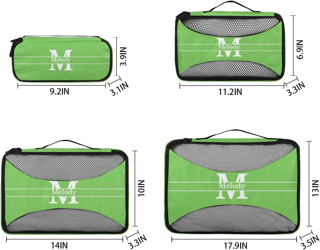 Personalized Packing Cubes, Set of 4 with Zipper Handles for Women Boys, Custom Name Travel Suitcases Luggage Packing Organizers, Lime Green Background with Initial