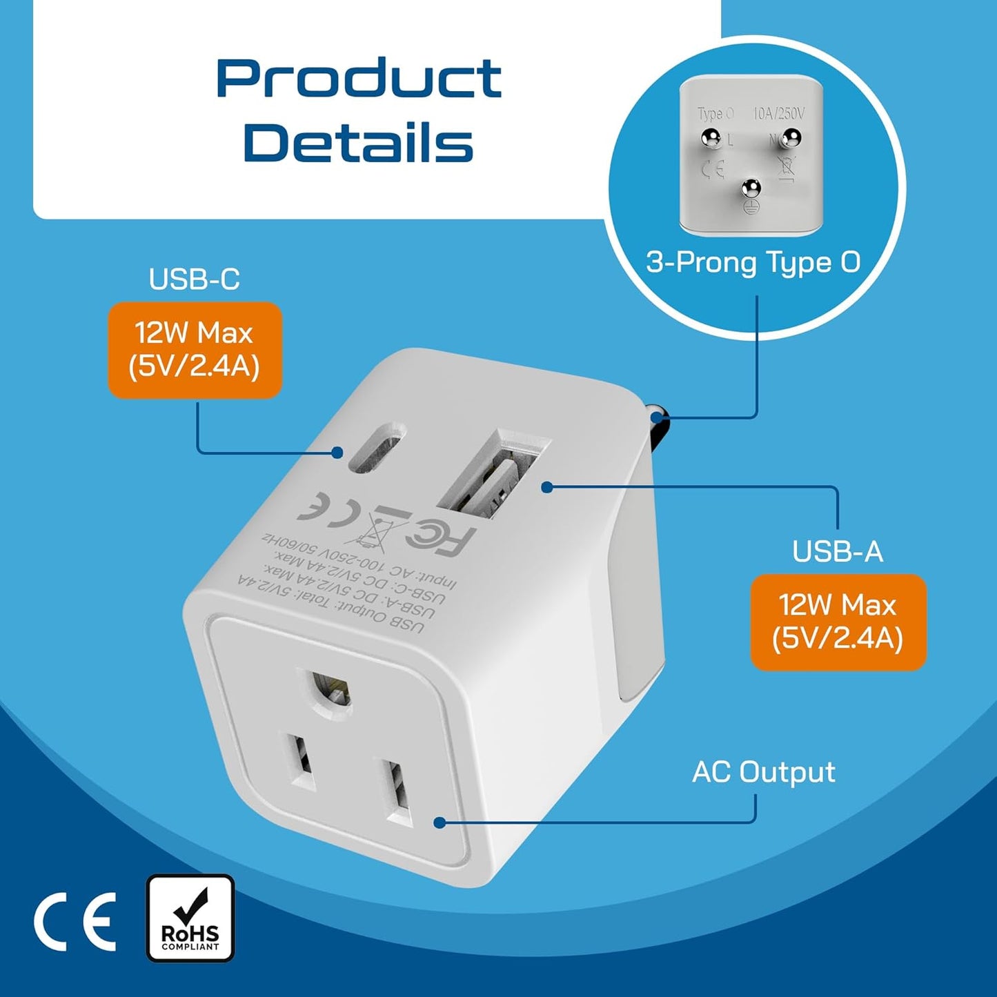 Ceptics Thailand Travel Plug Adapter – Type O Power Adapter with USB-C & A + USA Input – Ultra