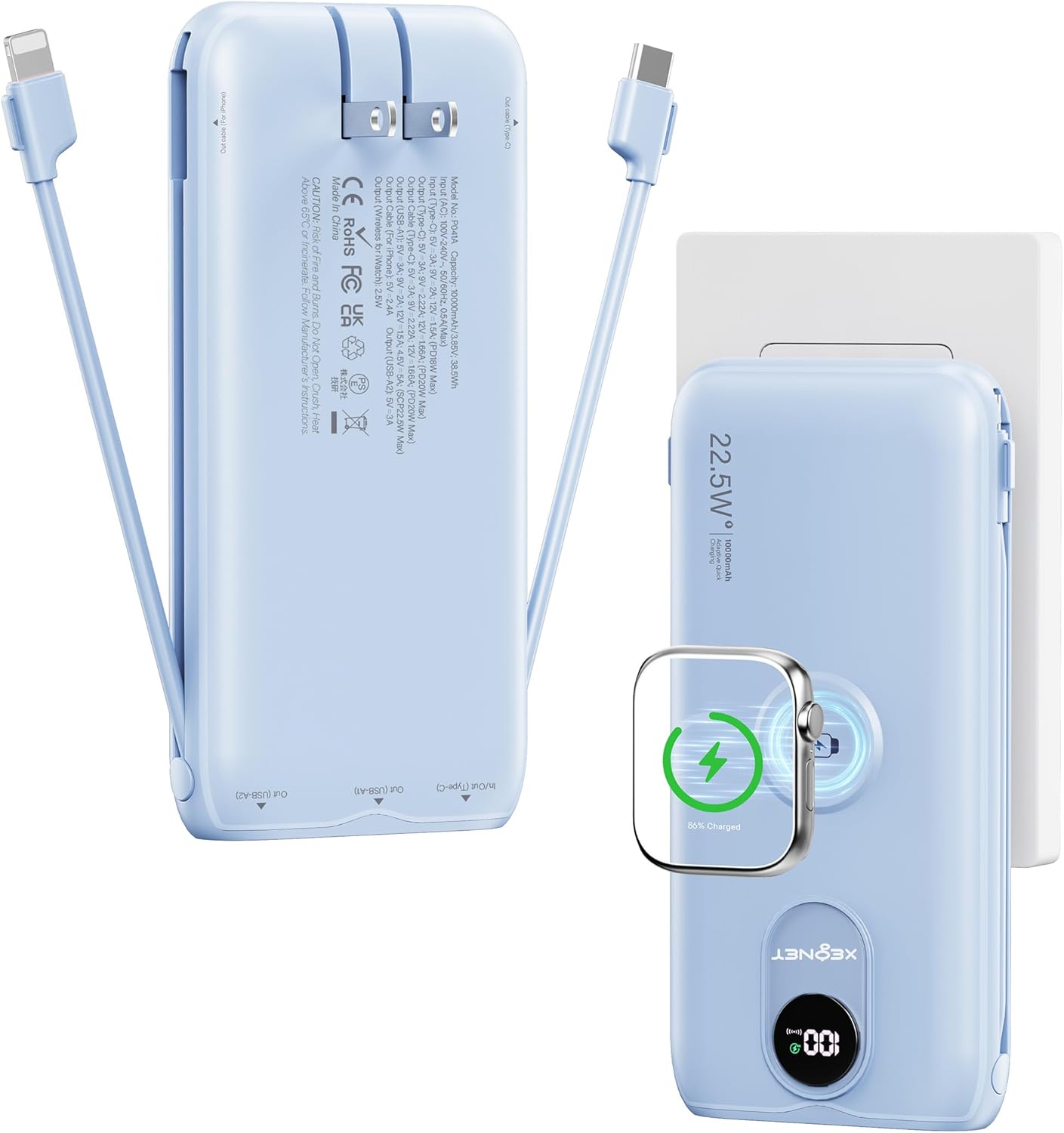 Portable Charger, 10000mAh 22.5W Fast Charging Power Bank with Built in Cable & Wall Plug, Travel Essential Battery Pack with LED Display, External Charger for iPhone, iWatch 11/10/9/8/Ultra/SE Blue