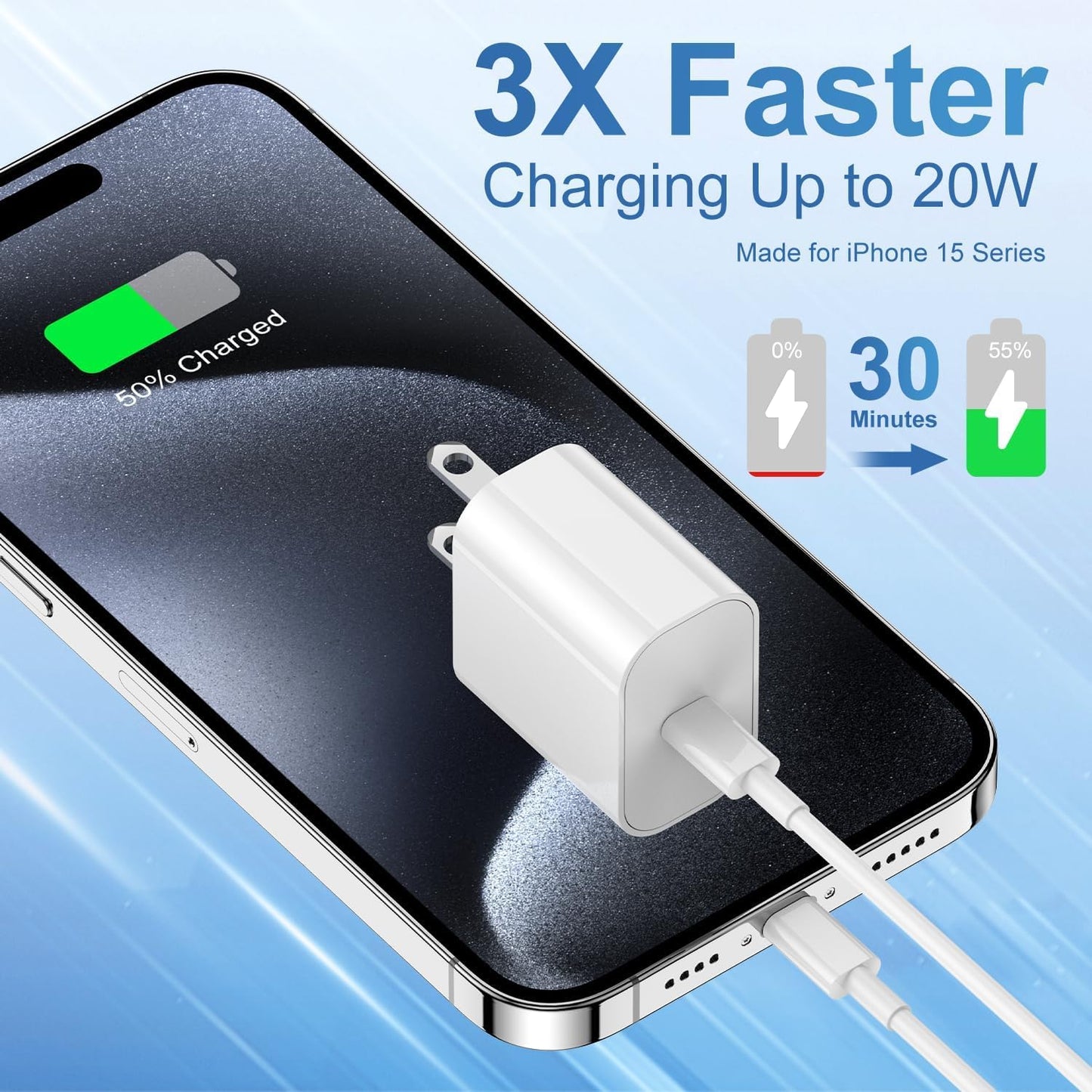 iPhone 17 16 15 Fast Charger and 6ft Type C to C Cable Cord Long, 20W USB C Charging Block Plug for Apple iPhone 17 Pro Max/17 Air/16 Pro/16 Plus/15 Pro/15 Mini/iPad Power Adapter Cube Brick/AirPods