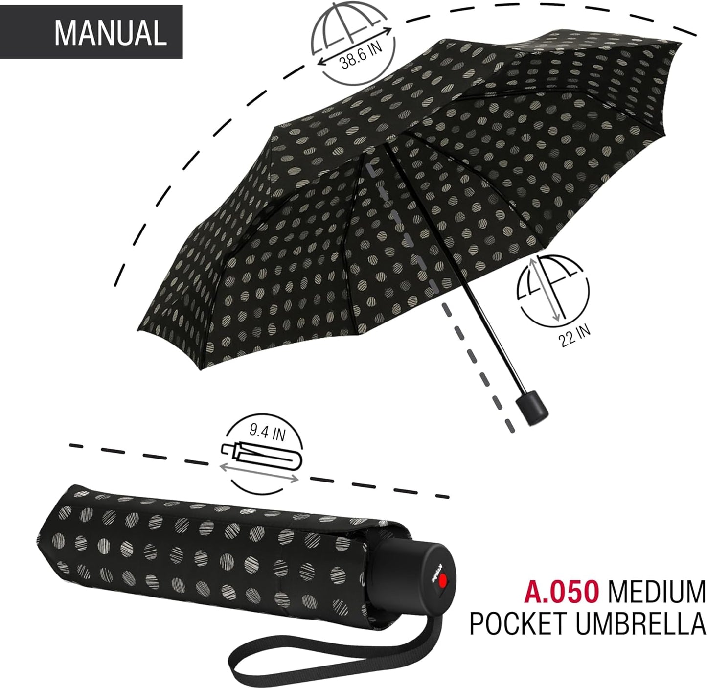 Knirps A.050 Navy Manual Open Close Travel Rain Umbrella for Adults – Ultra Lightweight, Compact Windproof 38.5" Water Resistant Canopy, Steel Aluminum Frame, Travel Case Included