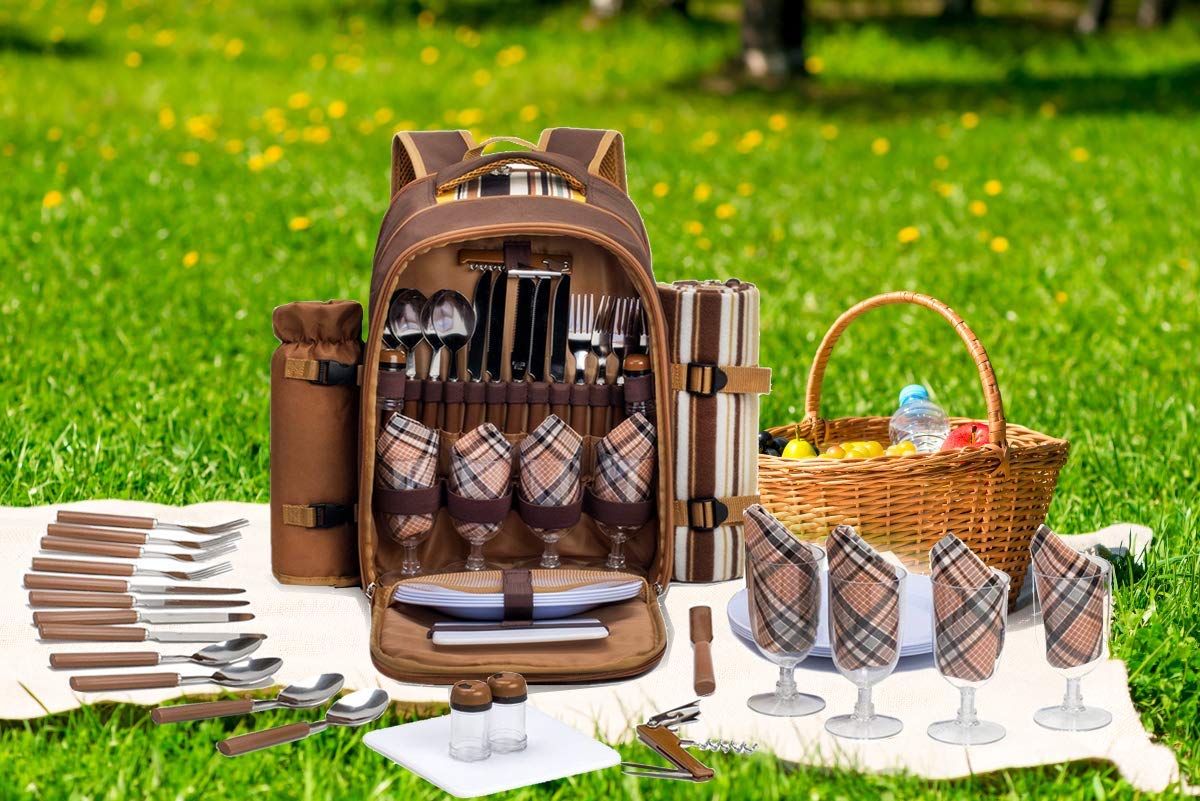 Picnic Backpack, 4-Person with Blanket & Wine, Family & Lovers Gift, Brown