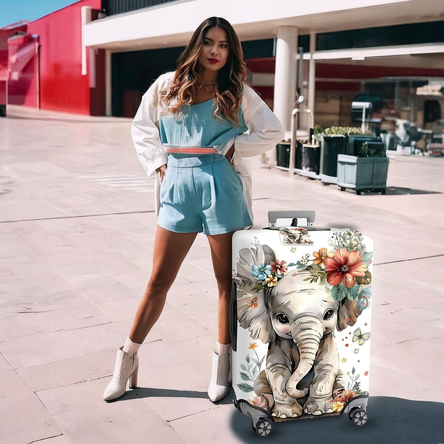 Travel Luggage Cover,Flowers ElephantTheme Suitcase Cover Accessory Kit, Luggage Tag, and Comfortable Luggage Handle Wrap, Washable Luggage Suitcase Protector (22-24 inch,M)