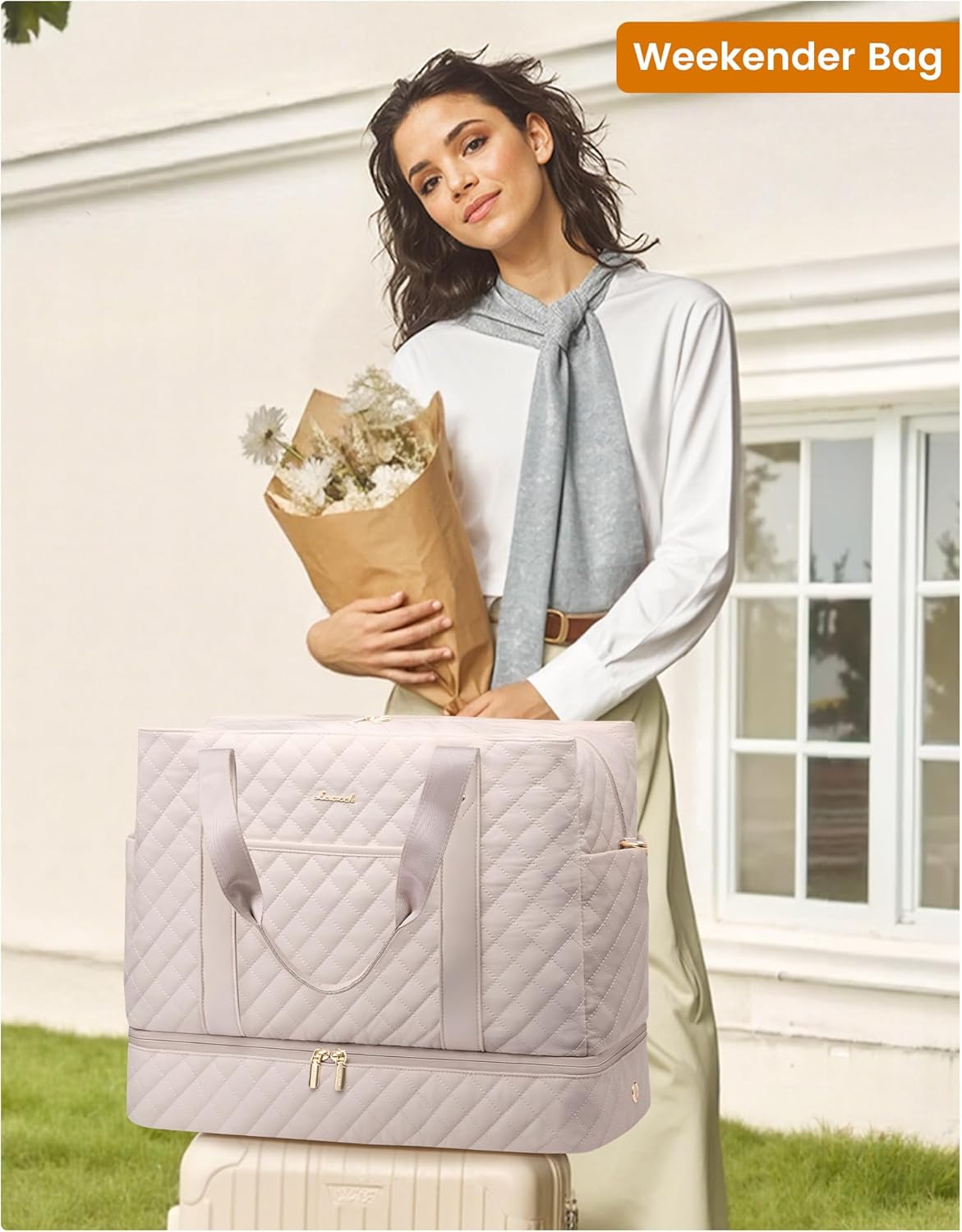 LOVEVOOK Large Travel Duffle Bag for Women, 45L Weekender Bags with Shoe Compartment & Wet Pocket, Quilted Carry On Personal Item Bag, Overnight Hospital Bags for Labor Delivery Nude