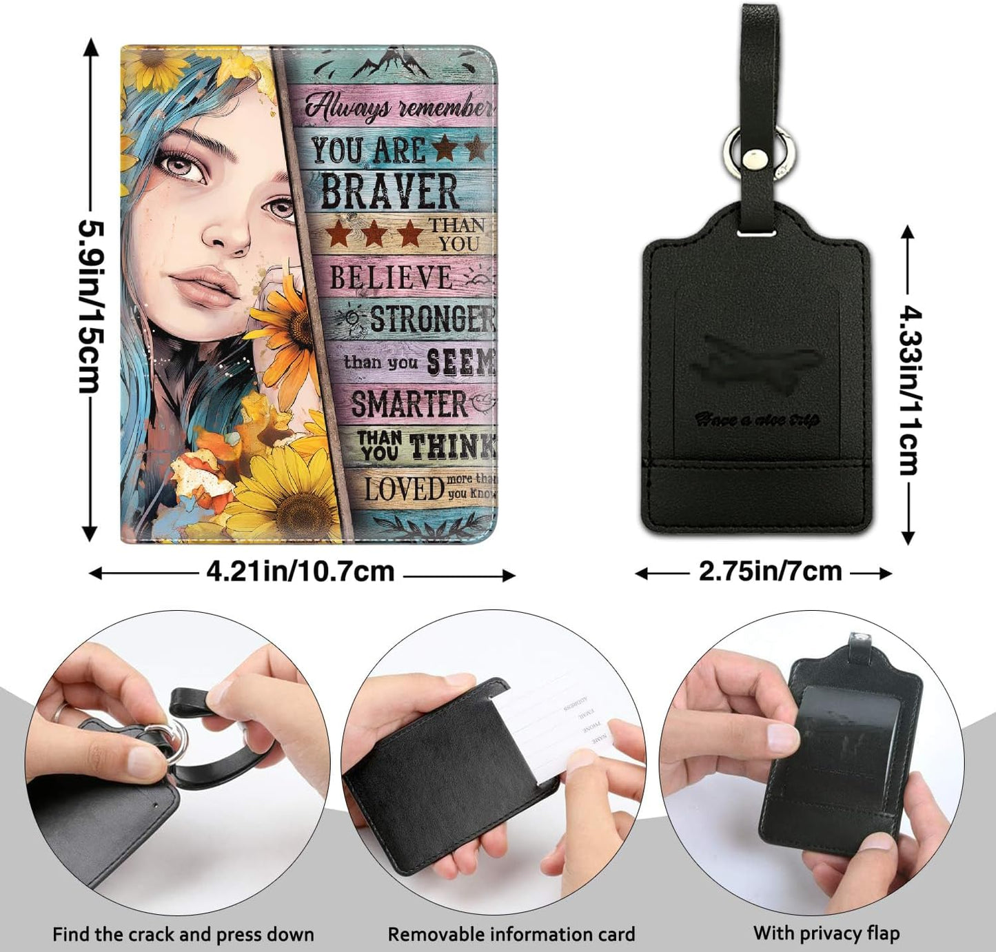 Passport Holder Women Wallet with Luggage Tag, Leather Passport Cover with RFID Blocking, Travel Accessories Multi Card Slot Passport Case for Men，Sunflower Girl Inspirational Quotes