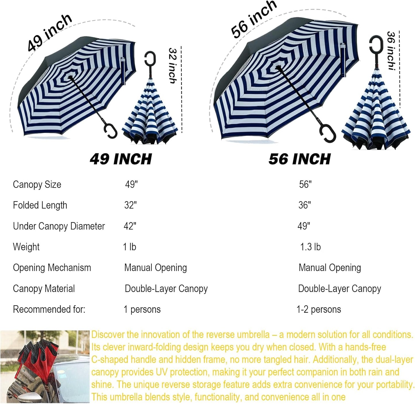 SIEPASA 49/56 Inch Inverted Reverse Upside Down Umbrella, Extra Large Double Canopy Vented Windproof Waterproof Stick Golf Umbrellas with C-shape Handle.