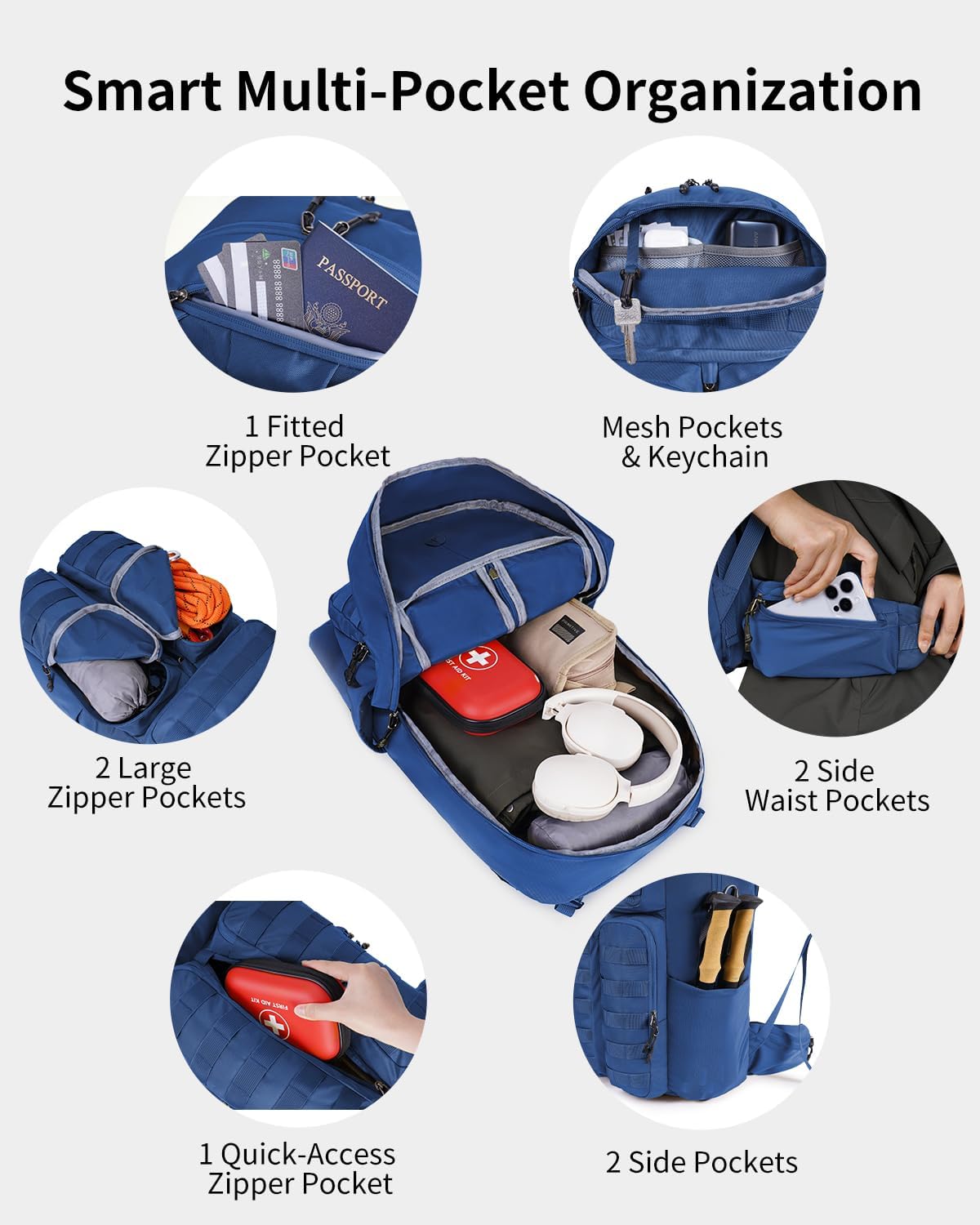 Blue Quartz 40L Military Tactical Backpack, Internal Frame Hiking Backpack with Molle System for Hiking Camping Backpacking Travelling Climbing Rucksack Daypack for Men Women