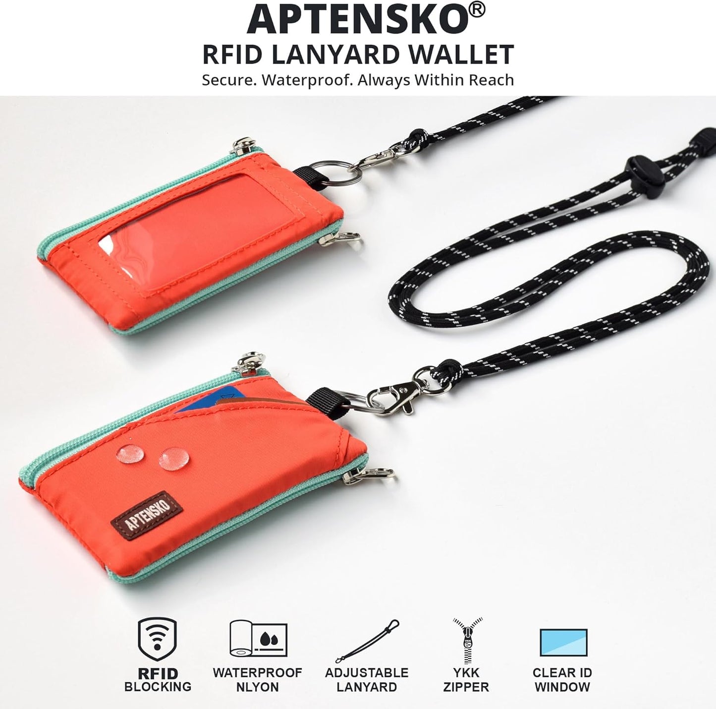 RFID Travel Wallet with Adjustable Lanyard-Zipper Small Wallet with ID Card Holder, Keychain for women&men-Minimalist Slim Waterproof Nylon case for ID, Cash, Key (Blazing Orange)