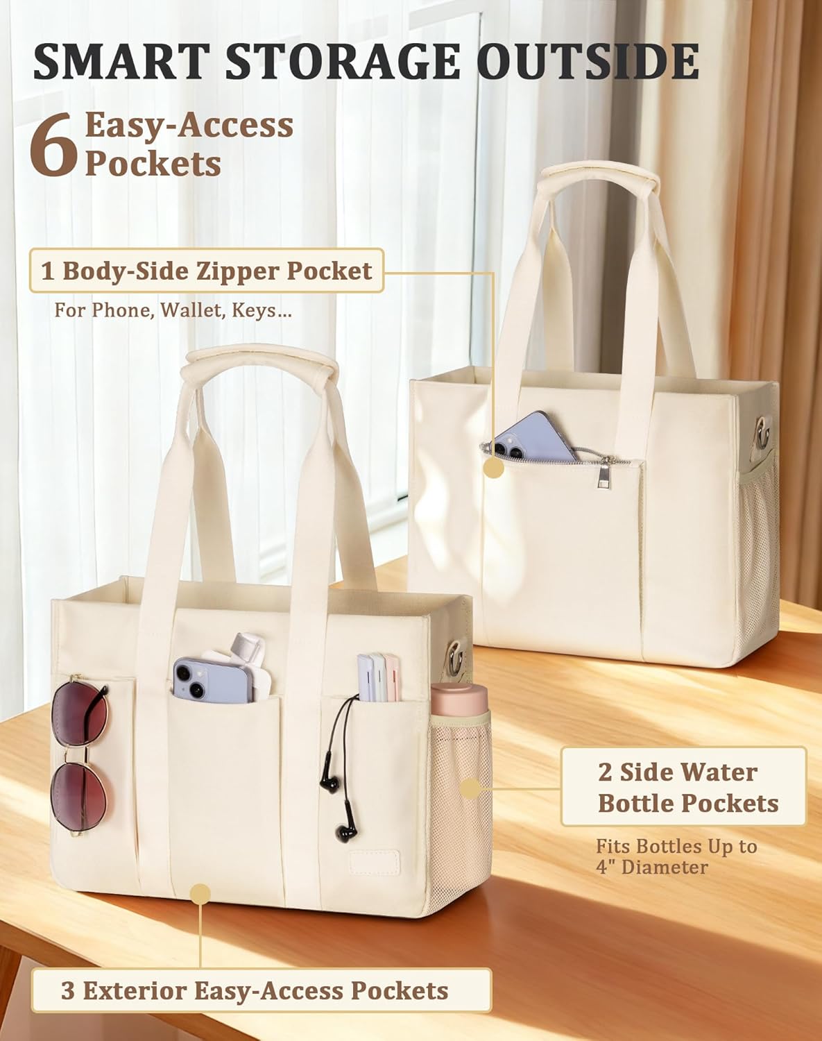 Canvas Tote Bag for Women, Large Shoulder Bag with Laptop Compartment & Zipper, Ideal for Work Travel College Teacher