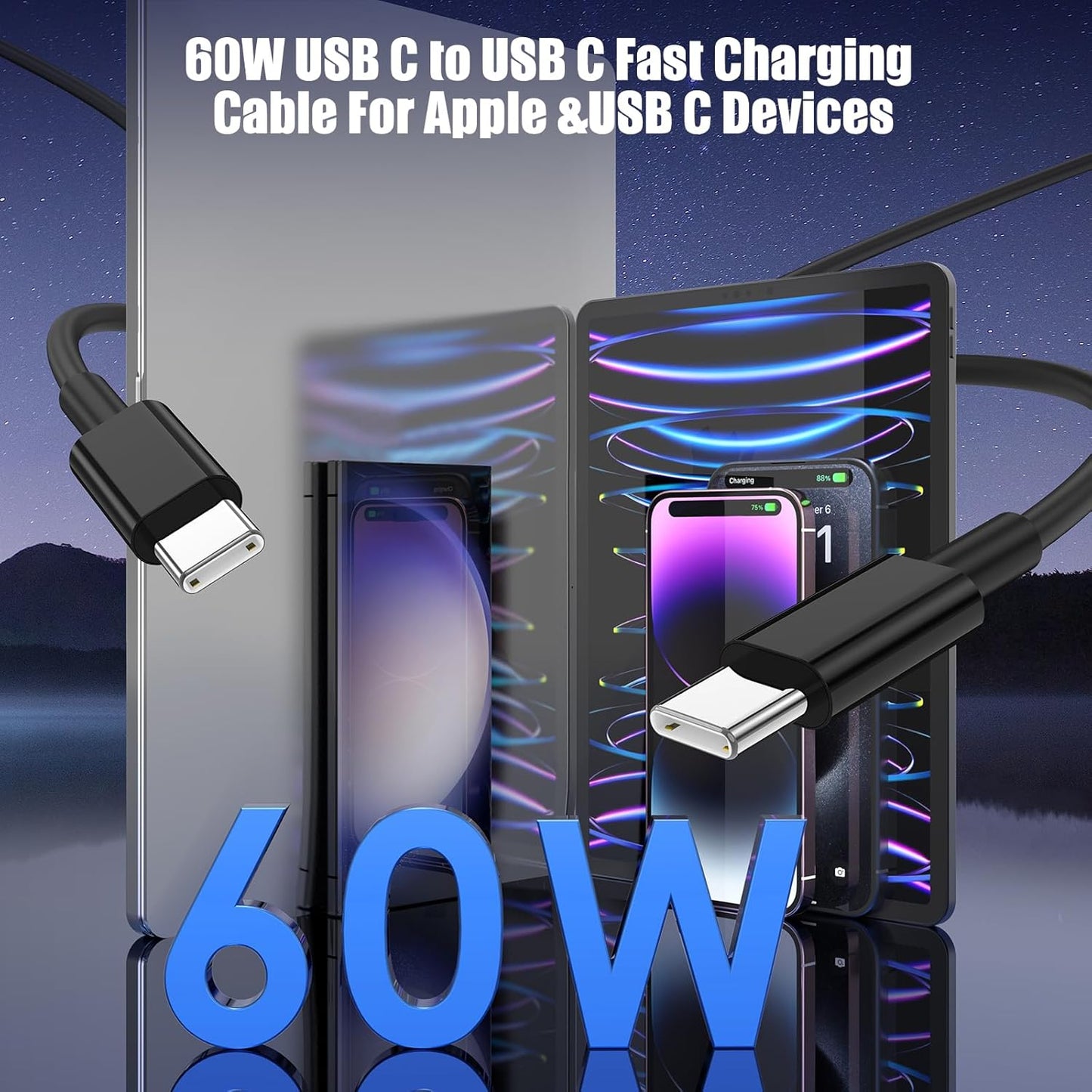 2-Pack Black 10FT 60W USB C to USB C Cable, Type C Fast Charging Cable for iPhone Air 17 16e 16 15 Pro Plus Pro Max，for Galaxy S25/S24, for iPad Pro/Air/mini, for MacBook Pro/Air and More