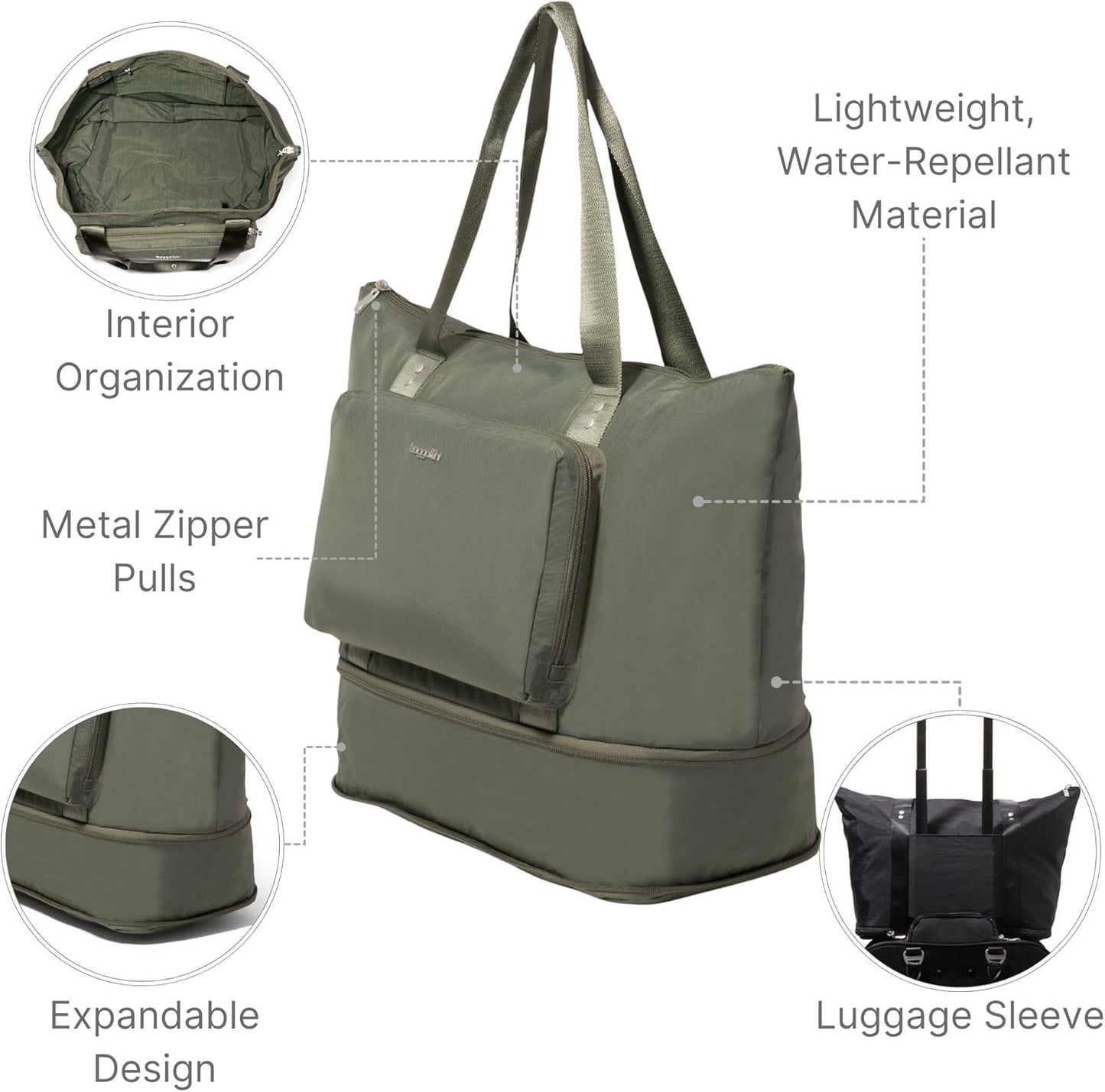 Baggallini Carryall Expandable Lightweight Travel Tote 22" Packable Folding Compact Nylon Washable Weekender w/Luggage Sleeve