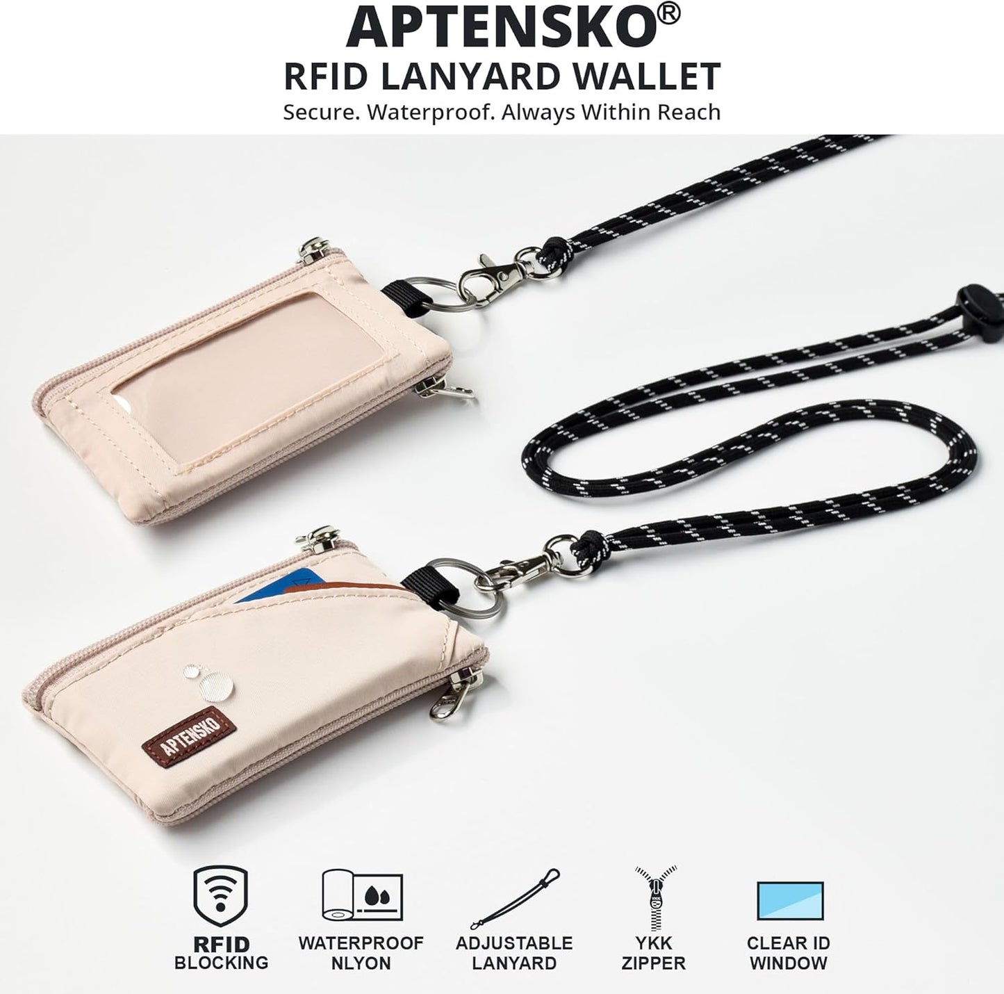 RFID Travel Wallet with Adjustable Lanyard-Zipper Small Wallet with ID Card Holder, Keychain for women&men-Minimalist Slim Waterproof Nylon case for ID, Cash, Key (Almond White)