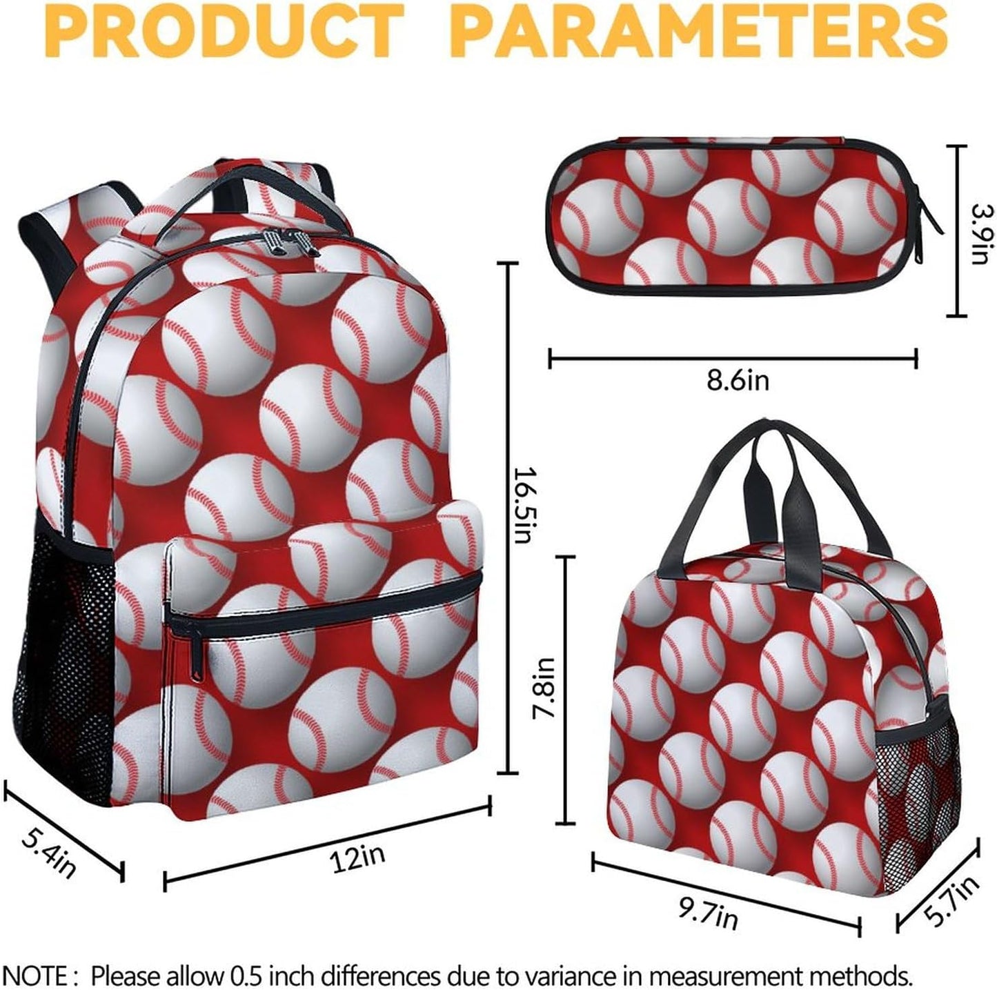 Baseball Backpack with Lunch Box Set for Boys, 3 in 1 School Backpacks Matching Combo, Sports White Bookbag and Pencil Case Bundle