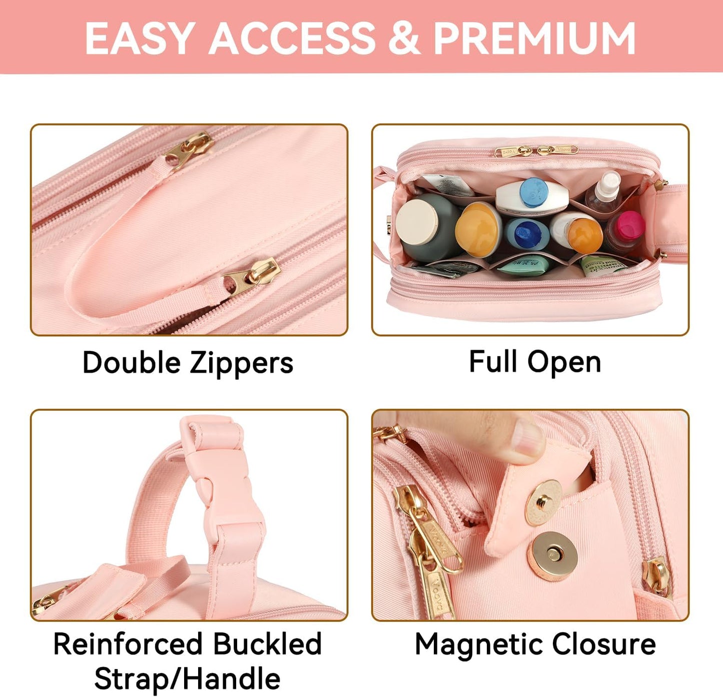 Voova Travel Toiletry Bag for Women, Hanging Dopp Kit Water Resistant Shaving Bag for Toiletries Accessories, Small Makeup Organizer Case for Traveling Essentials, Bathroom, Cosmetics, Pink