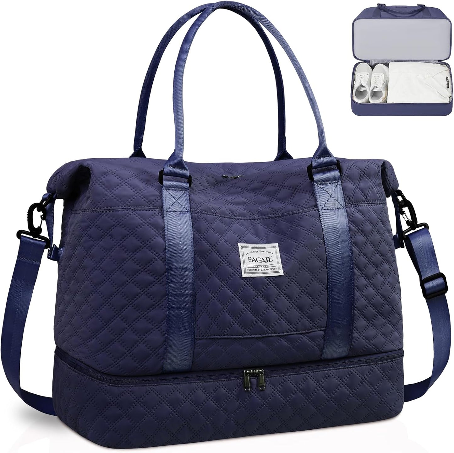 BAGAIL Travel Duffel Bag - Weekender & Overnight Gym Carry On Tote with Wet Pocket - Hospital Mom Bag for Labor and Delivery - Extra Large, Grid-Navy Blue