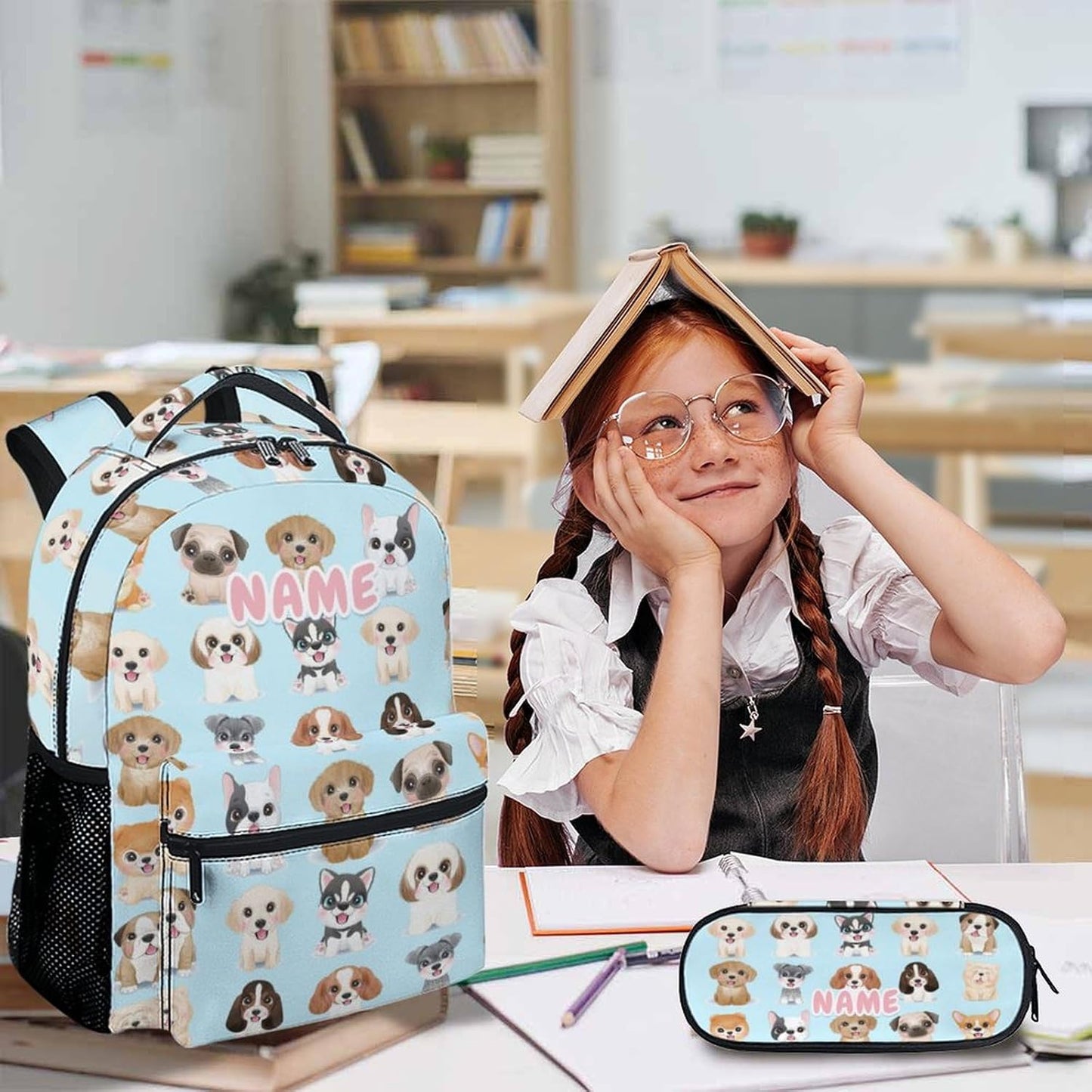 Custom Dog Backpack with Lunch Box, Set of 3 School Backpacks Matching Combo, Cute Blue Bookbag and Pencil Case Bundle