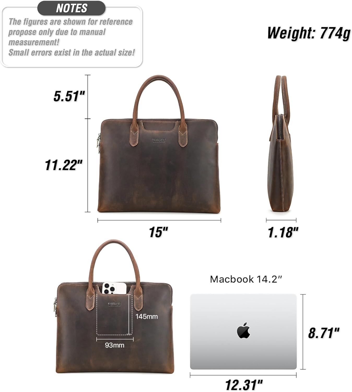 Top Grain Leather 14.2" Slim Laptop Briefcase Handbag, Vintage Handmade with 6 Pockets & Luggage Strap, Compatible with MacBook Pro/Air 13.3"/14.2" & other Laptop/Tablet, Coffee 14.2 Inch
