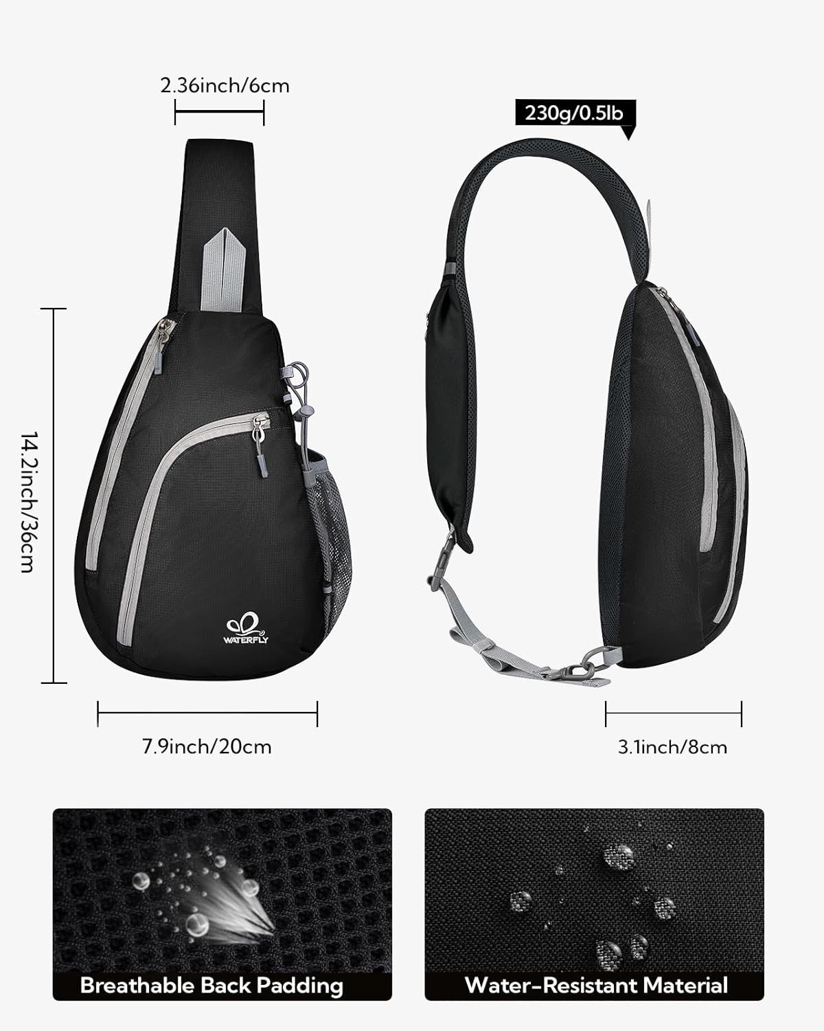 WATERFLY Crossbody Sling Bag Small Water Resistant Backpack Lightweight Shoulder Chest Daypack for Men Women Hiking Travel