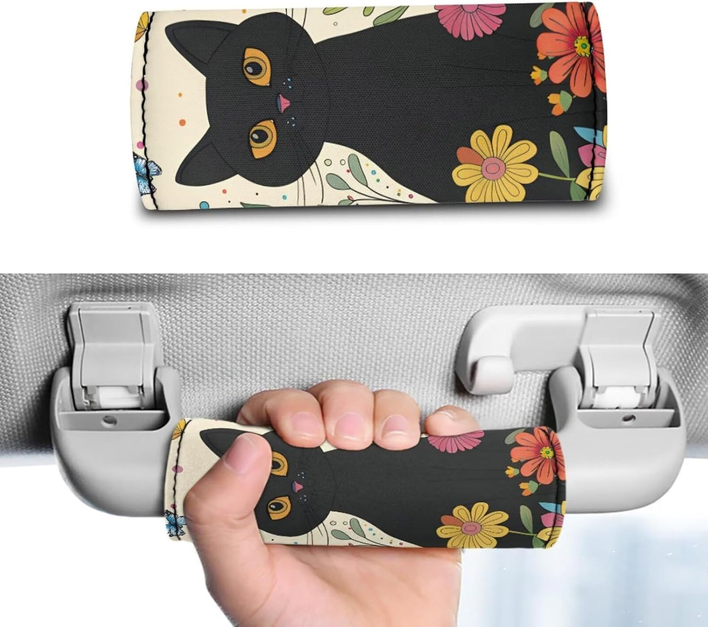 Cartoon Black Kitten Luggage Handle Protection Sleeve Cover Set of 2 Pcs,Neoprene Luggage Identifier for Suitcase Teens Adult Soft Trolley Case Grip Cover, Flower Door Handle Cover Set
