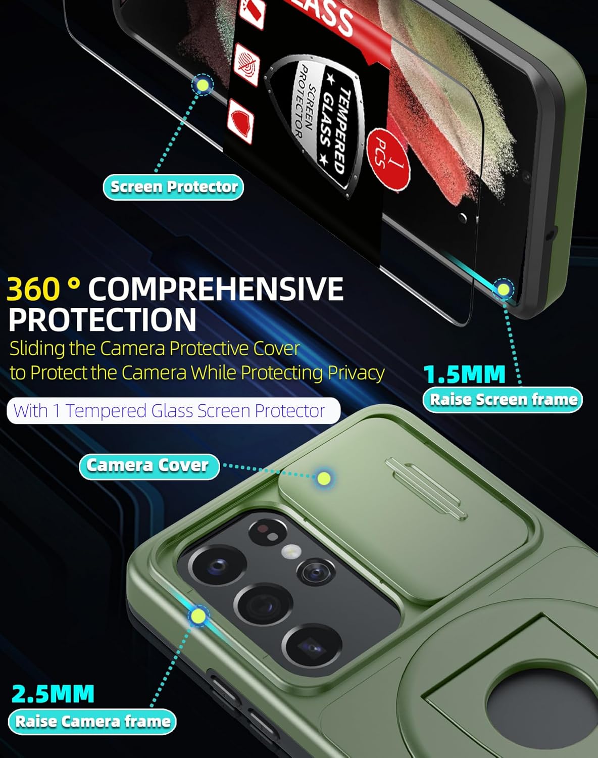 for Samsung Galaxy S21 Ultra Case Magnetic Compatible with MagSafe Wireless Charging,with Screen Protector,Built-in Stand Ring+Camera Cover Anti-Scratch Shockproof Heavy Duty Protection Green