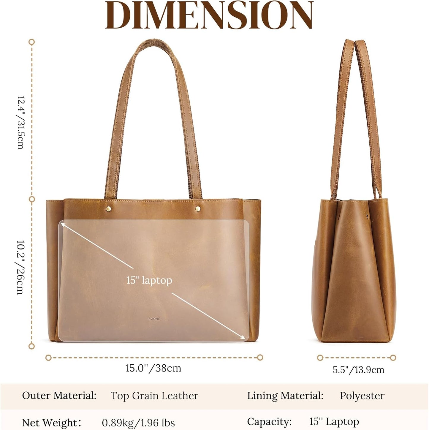S-ZONE Genuine Leather Tote Bag for Women Work Large Shoulder Handbag with Zipper Compartment for Travel Professional