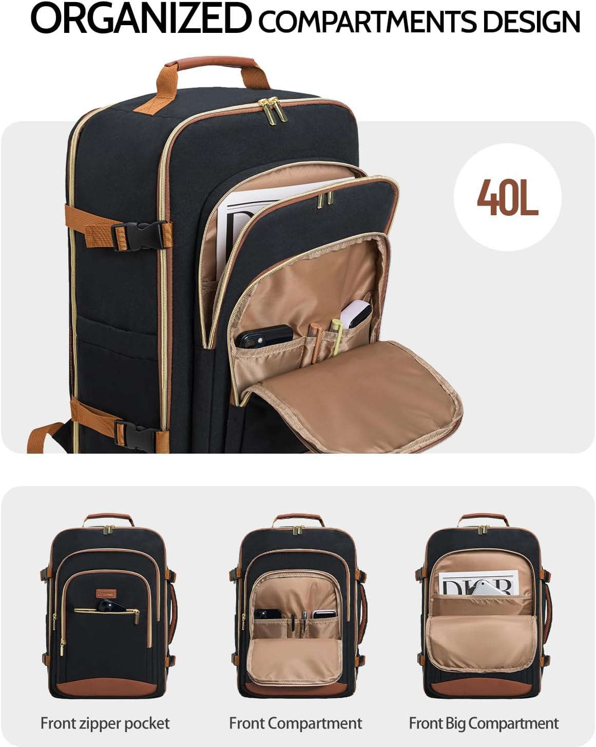 40L Travel Backpack for Women, Carry On Bag Flight Approved, Waterproof Backpack with 3 Packing Cubes, Weekender Personal Item Bags for Airplane Travel Essentials, TSA Approved