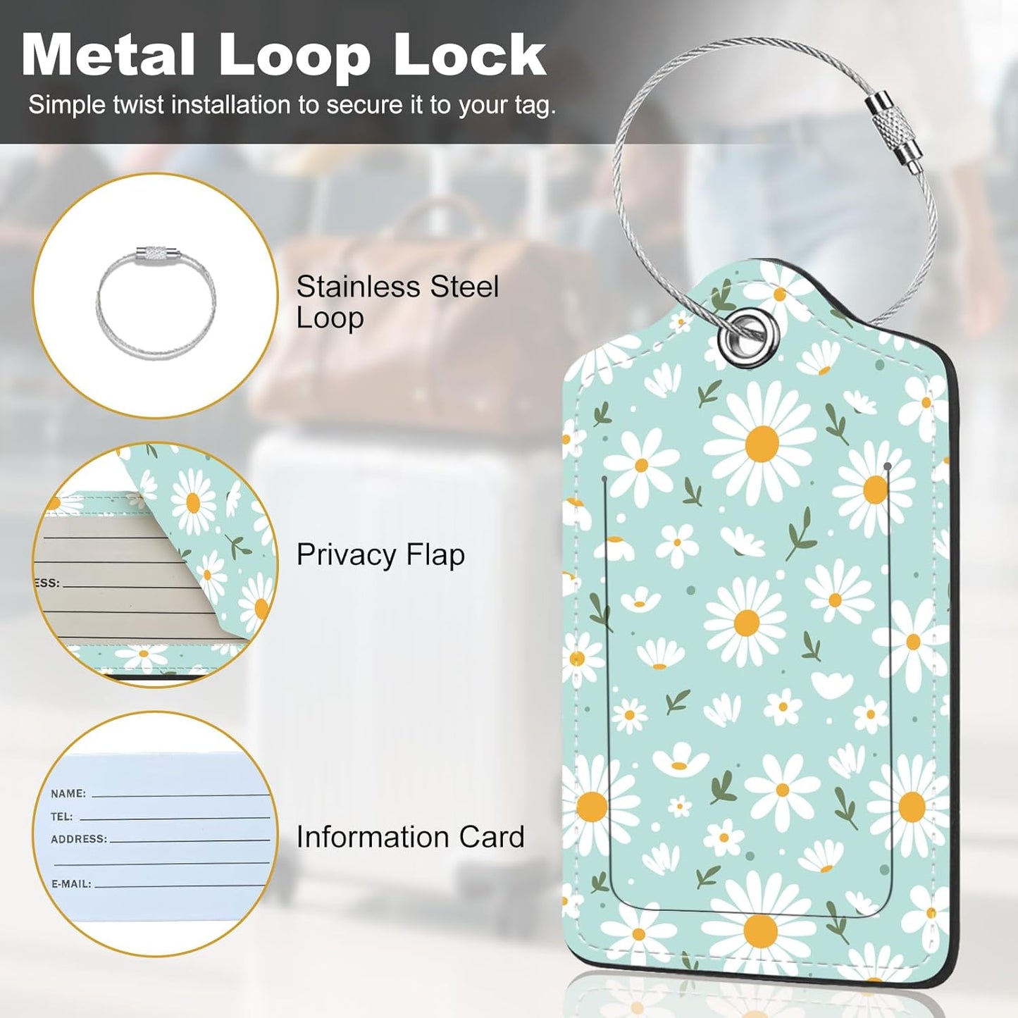 2Pack Luggage Tags for Suitcases, Cute Unique Pu Leather Cruise Luggage Tag with Privacy Cover ID Label Address Card and Metal Ring Suitable for Women Men Kids Travel Bag Little White Daisies