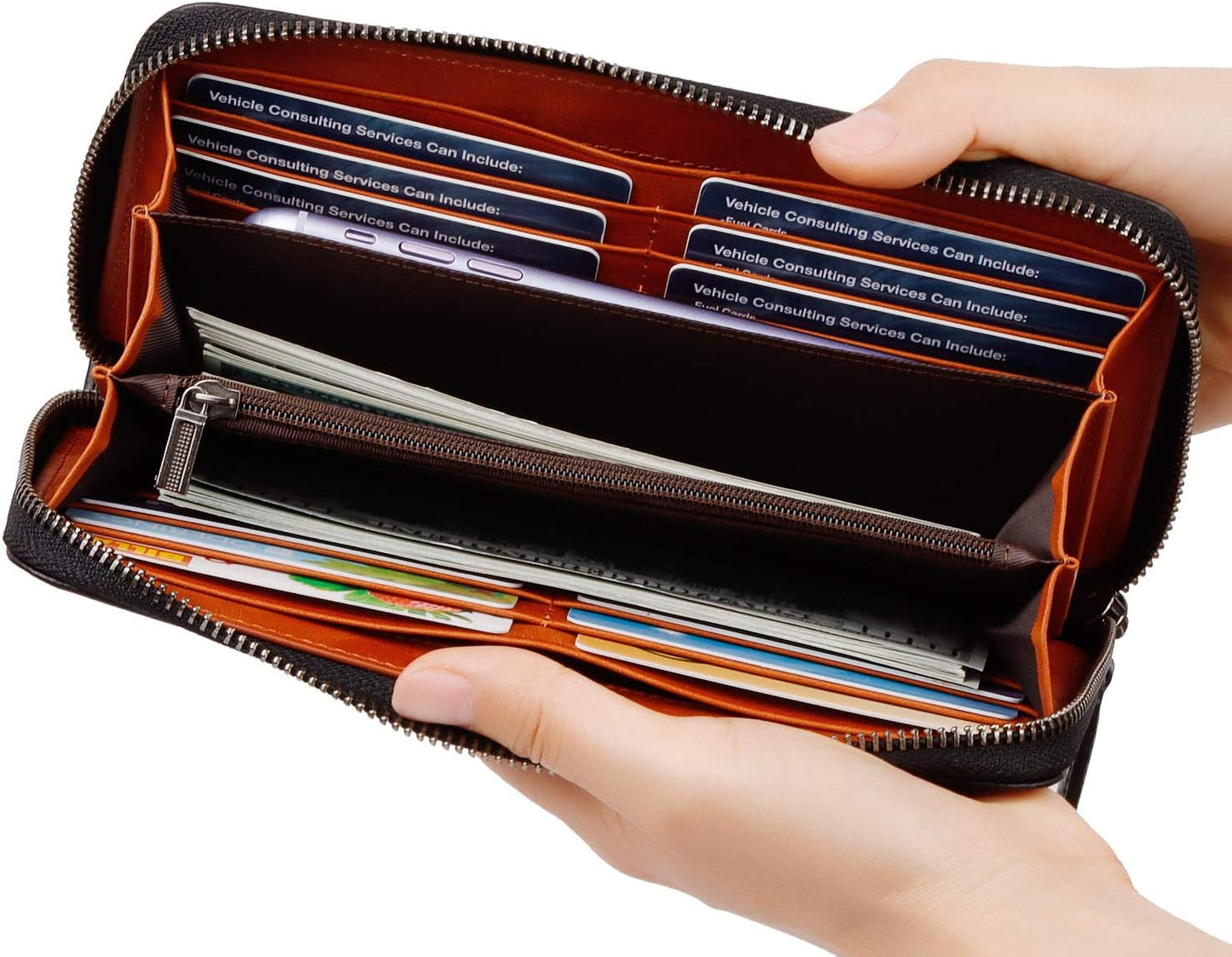 VISOUL Leather Long Zippered Pouch Wallet for Men with RFID Blocking Two-tone, Large Carbon Fiber Leather Clutch Cash Long Wallet with Zipper (Black+Orange)