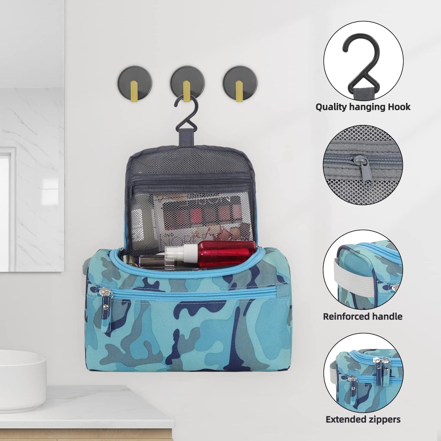 Buruis Travel Toiletry Bag for Men and Women, Hanging Cosmetics Makeup Bags, Water-resistant Dopp Kit Shaving Bags, Small Toiletry Bag for Travel Essentials (Camo Light Blue)