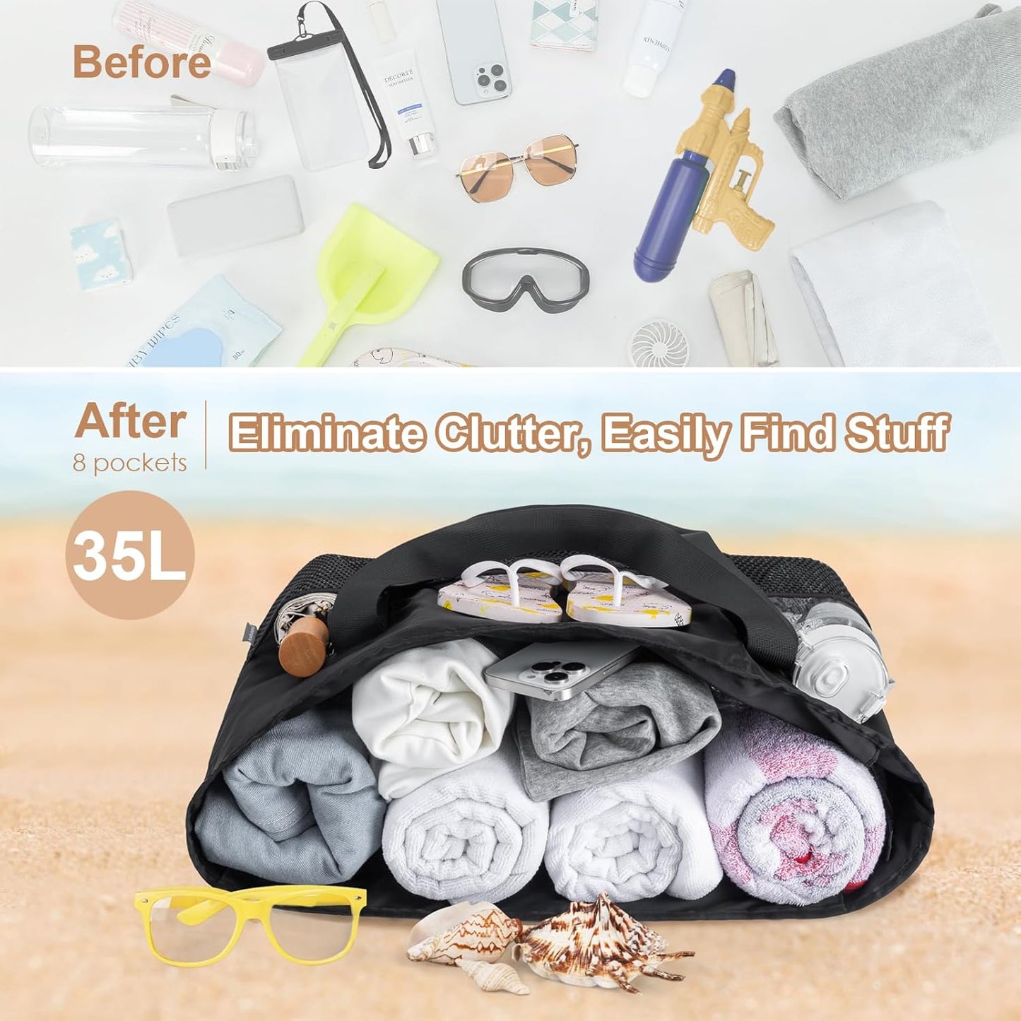 KABAQOO Large Beach Bag Waterproof Sandproof Tote Bag for Women with Zipper & Mesh Pockets for Pool Swim Travel Everyday
