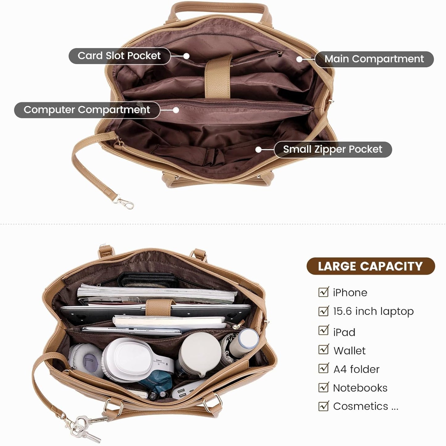 LOVEVOOK Laptop Bag for Women, 15.6 inch Laptop Tote Work Teacher Bags Cancas Computer Shoulder Bag,Apricot