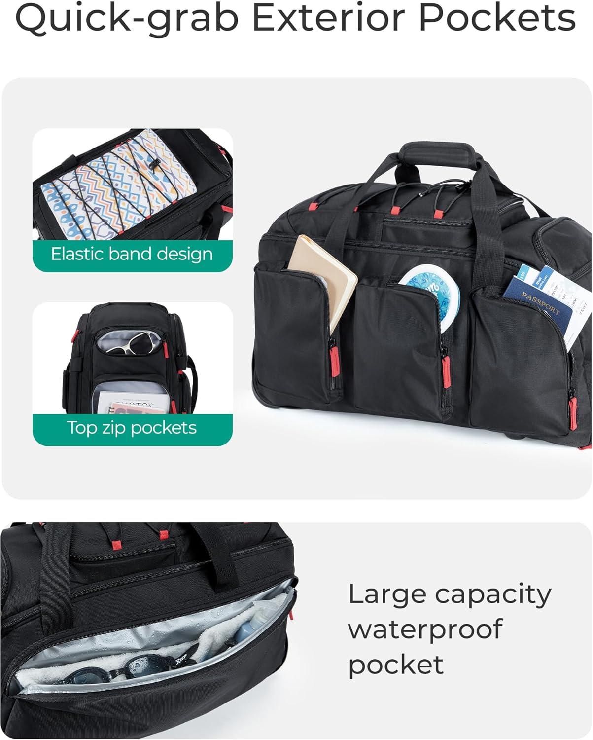 BAGSMART Rolling Duffle Bag with Wheels, 36L Travel Bag with Water-proof Pockets, Airline-Approved Carry On Duffel Bag with Handle, Grey